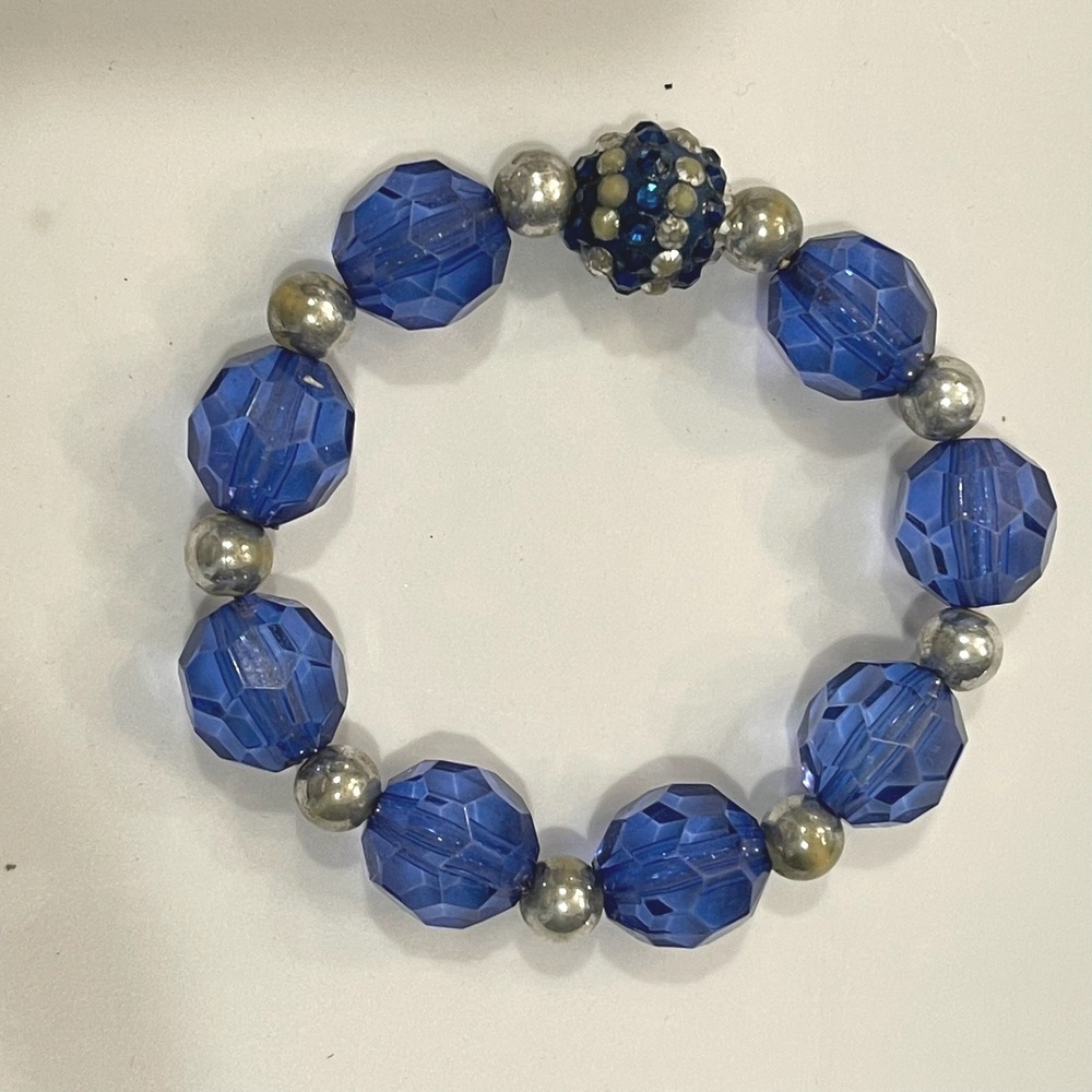 Blue Faceted Bead Stretch Bracelet Silver Tone Pave Rhinestone Disco Ball Accent